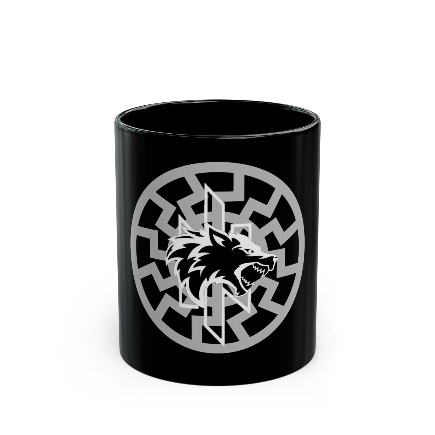 Black Mug — Wolf Head on Celtic Sun Knot Coffee Cup